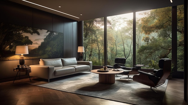 Generative AI Luxurious and spacious 60's style living room with a huge window overlooking jungle