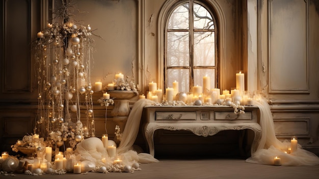 Generative AI Luxury beige interior with Christmas golden and white decoration