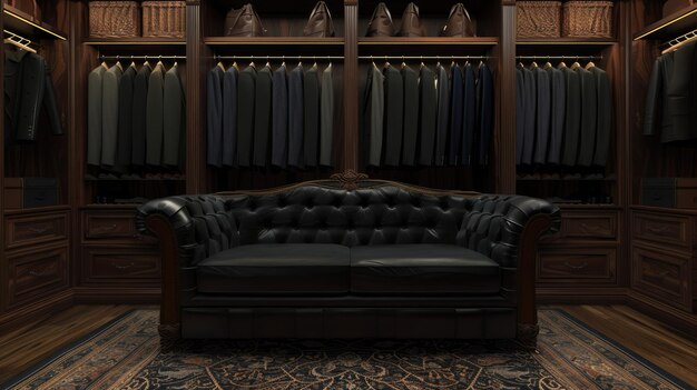 Generative AI Luxury store of men clothing with black sofa male wardrobe interior