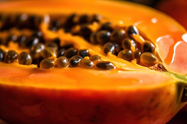 Generative AI Macro Fresh half of papaya fruit background Tropical exotic closeup photo with drops