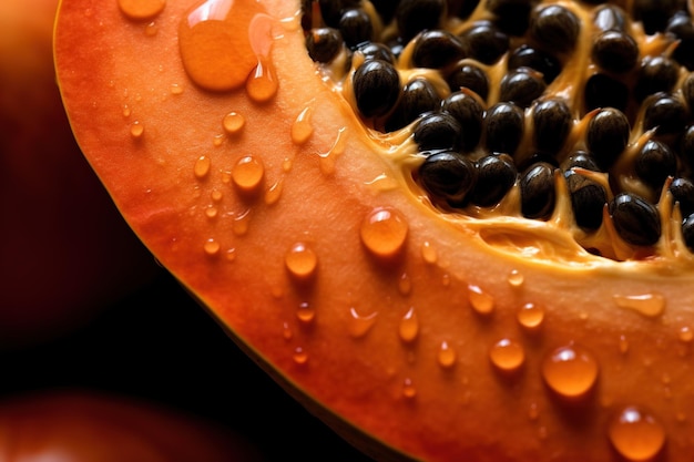 Generative AI Macro Fresh half of papaya fruit background Tropical exotic closeup photo with drops