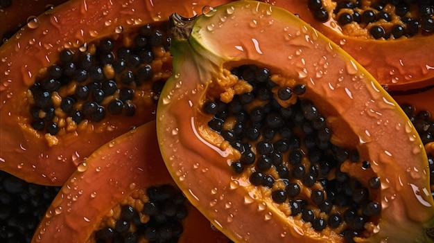 Generative AI Macro Fresh half of papaya fruit background Tropical exotic closeup photo with drops