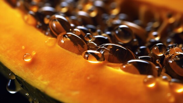 Generative ai macro fresh half of papaya fruit background tropical exotic closeup photo with dropsx9