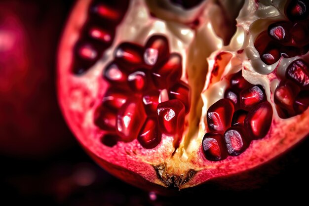 Generative AI Macro Fresh Juicy half of pomegranate fruit background Closeup photo