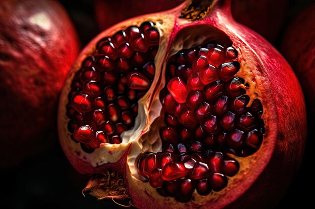 Generative AI Macro Fresh Juicy half of pomegranate fruit background Closeup photo