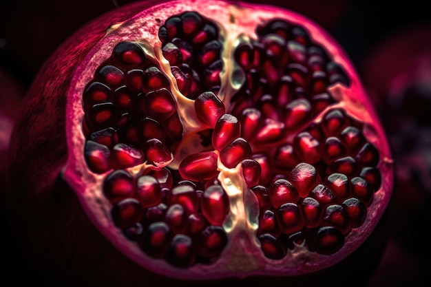 Generative AI Macro Fresh Juicy half of pomegranate fruit background Closeup photo