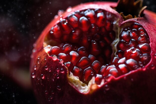 Photo generative ai macro fresh juicy half of pomegranate fruit background closeup photo