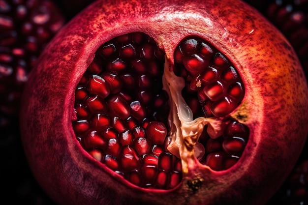 Generative AI Macro Fresh Juicy half of pomegranate fruit background Closeup photo