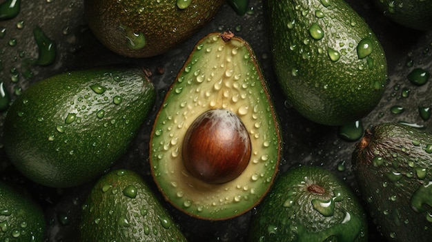 Generative AI Macro Fresh Juicy half and whole of green avocado fruit background as pattern