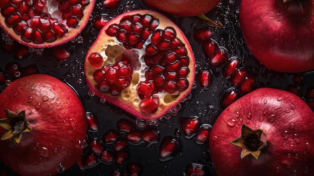 Generative AI Macro Fresh Juicy half and whole of pomegranate fruit background as pattern