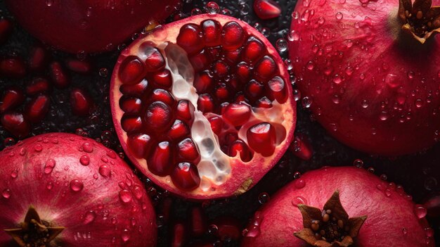 Generative AI Macro Fresh Juicy half and whole of pomegranate fruit background as pattern