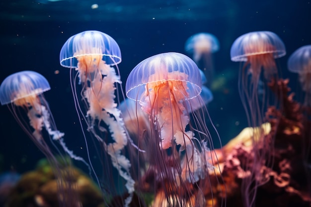 Generative AI Macro shooting under water mediterranean jellyfish close up