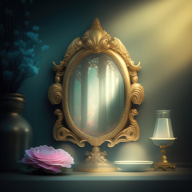 Photo generative ai magic mirror in a fantasy room