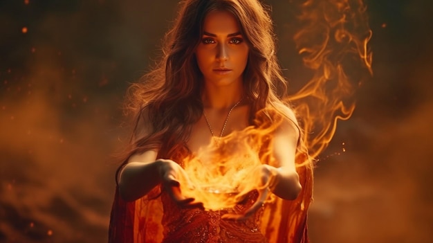 Photo generative ai and a magical woman bringing fire