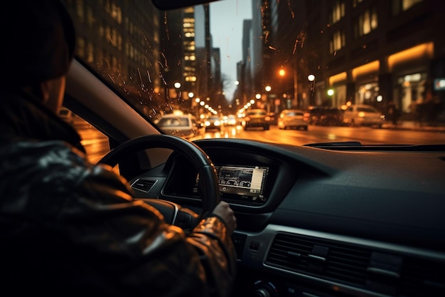 生成 AI 男性ドライバーが市内の通りを猛スピードで運転し、車内からの眺め