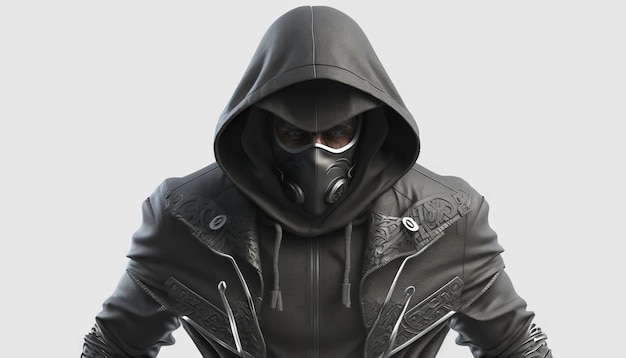 Generative AI of a male hacker in a black leather jacket and mask