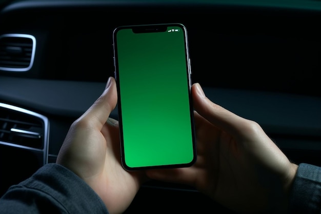 Генеративная рука AI Man с помощью мобильного телефона с хромакеем и пустым зеленым экраном в современном электромобиле