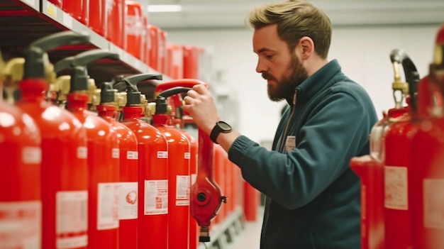 Photo generative ai and a man inspecting indoor fire extinguishers