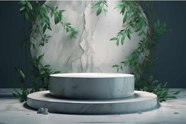 Generative AI of a marble product stand with green leaves in the background