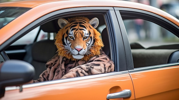 Generative AI masked tiger guy in automobile