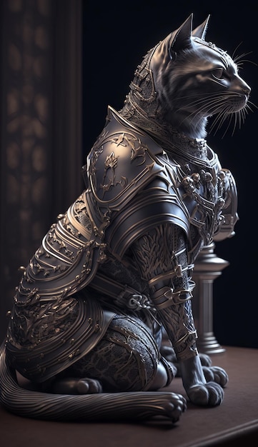 写真 ジェネレーティブ ai 暗い背景に猫と鎧を着た中世の騎士