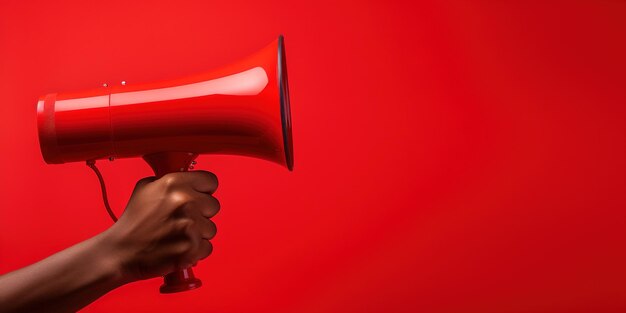 Generative AI megaphone in hand on a empty red background panoramic image with copy space