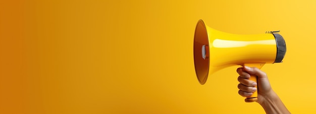 Photo generative ai megaphone in hand on a empty yellow background panoramic image with copy space