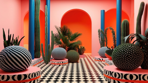 Фото Генеративный искусственный интеллект, интерьер в постмодернистском стиле мемфиса с множеством растений, комната ярких цветов