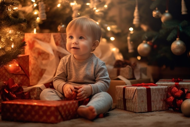 Generative AI Merry Christmas크리스마스 트리와 불꽃 근처 집에서 마법의 선물을 들고 행복한 아기 소년