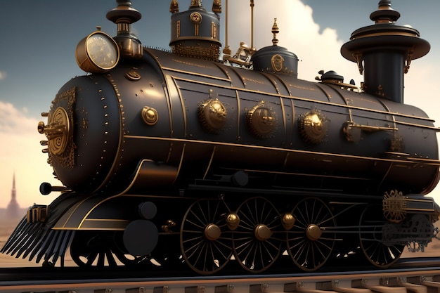 Generative AI Metal steampunk train with mechanism and metal Abstract texture illustration