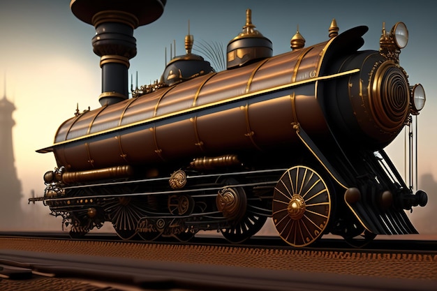 Generative AI Metal steampunk train with mechanism and metal Abstract texture illustration