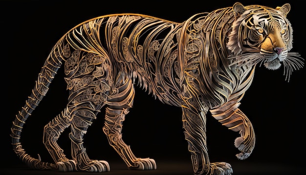 Generative AI of a metal tiger isolated on a black background