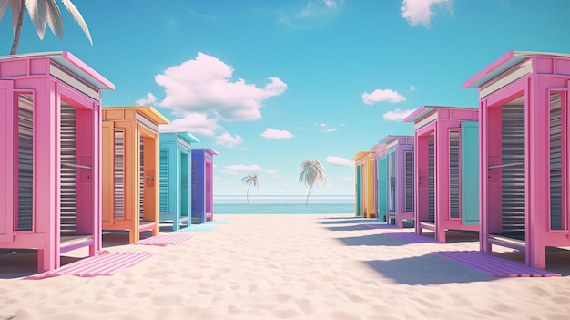 Generative AI Miami 해변 오두막 Summer Vibes 복고풍 일러스트레이션 빈티지 핑크 및 블루 색상