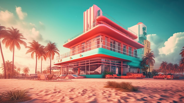 Photo generative ai miami summer vibes retro illustration vintage pink and blue colors buildings