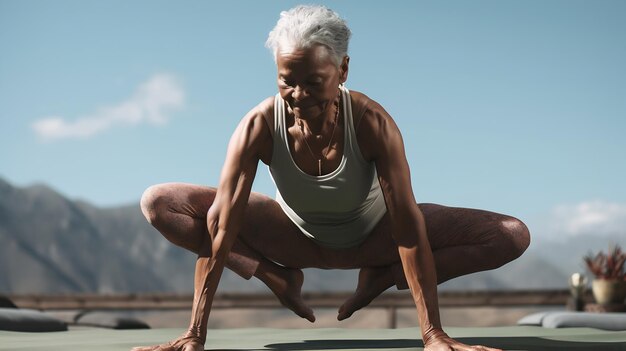 Photo generative ai mid adult woman doing handstand yoga position