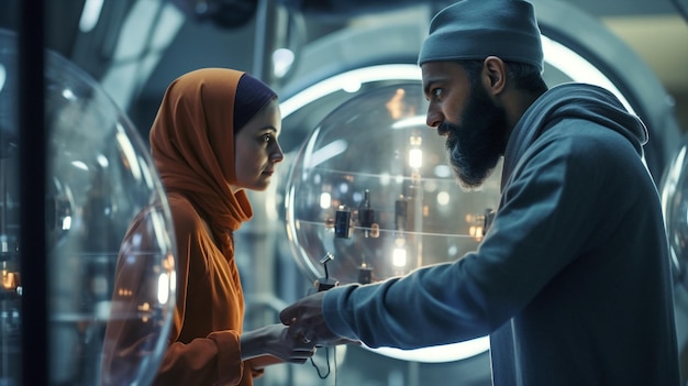 Generative ai middle eastern couple of scientist working on futuristic laboratory