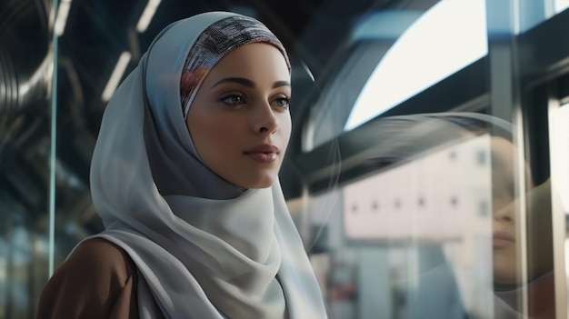 Generative ai middle eastern woman wearing hijab posing in futuristic city background