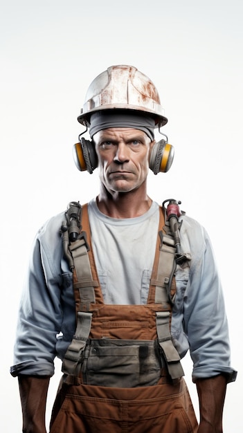 Generative AI Middleaged male construction worker in gear tools in hand gentle smile full stature against a plain white background