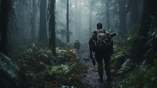 Generative AI a military scout sneaks through the forest in a military uniform