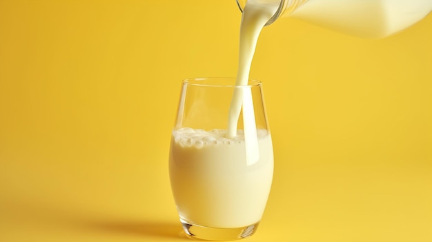 Generative AI milk is poured from a larger jug into a glass on a yellow background