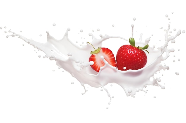 Generative AI Milk or yogurt splash with strawberries isolated on transparent and white background