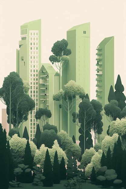 Генеративный ай минимальная иллюстрация зеленый городской пейзаж с небоскребом