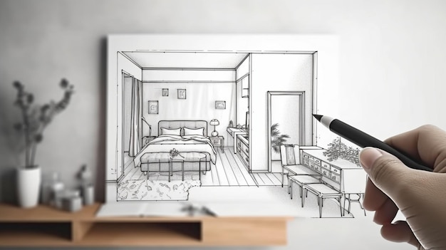 제너레이티브 AI는 워크인 옷장이 있는 미니멀한 침실에서 장소가 형성됨에 따라 인테리어 디자인 프로젝트 스케치를 손으로 스케치합니다.
