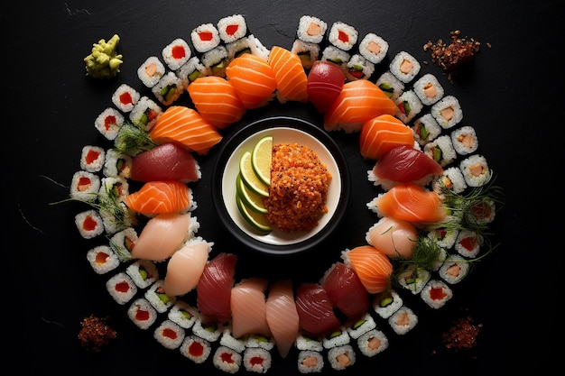 細心の注意を払って盛り付けられた寿司の盛り合わせによるジェネレーティブ・アイ・ミニマリスト・エレガンス