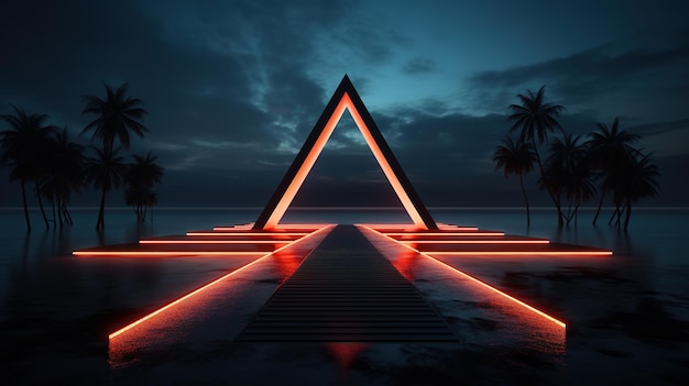 Generative AI minimalist island paradise with geometric neon light bridge futuristic landscape