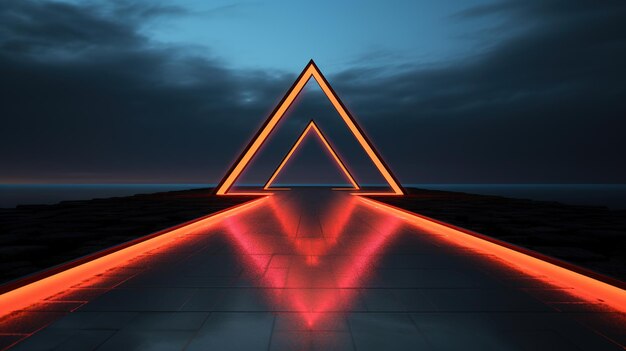 Generative AI minimalist island paradise with geometric neon light bridge futuristic landscape
