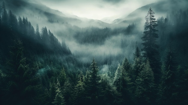 생성 AI 미스티 전나무 숲 힙스터 빈티지 복고 스타일의 안개가 자욱한 산의 아름다운 풍경