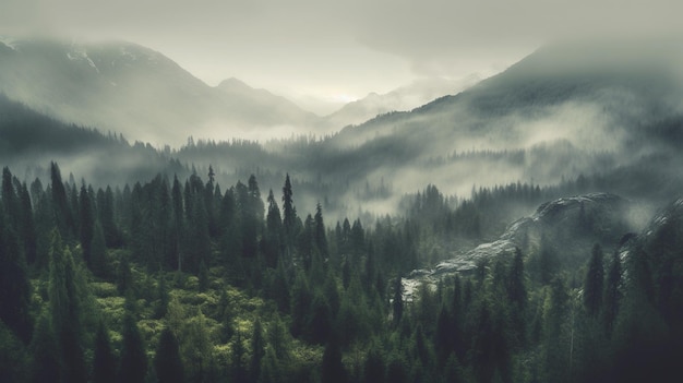 Generative AI Misty fir forest beautiful landscape in hipster vintage retro style foggy mountains