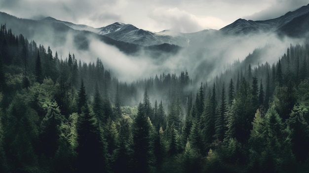 Generative AI Misty fir forest beautiful landscape in hipster vintage retro style foggy mountains