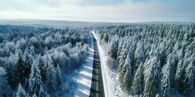 Generative AI Misty winter fir forest beautiful landscape with road in hipster vintage retro style evergreen trees with show